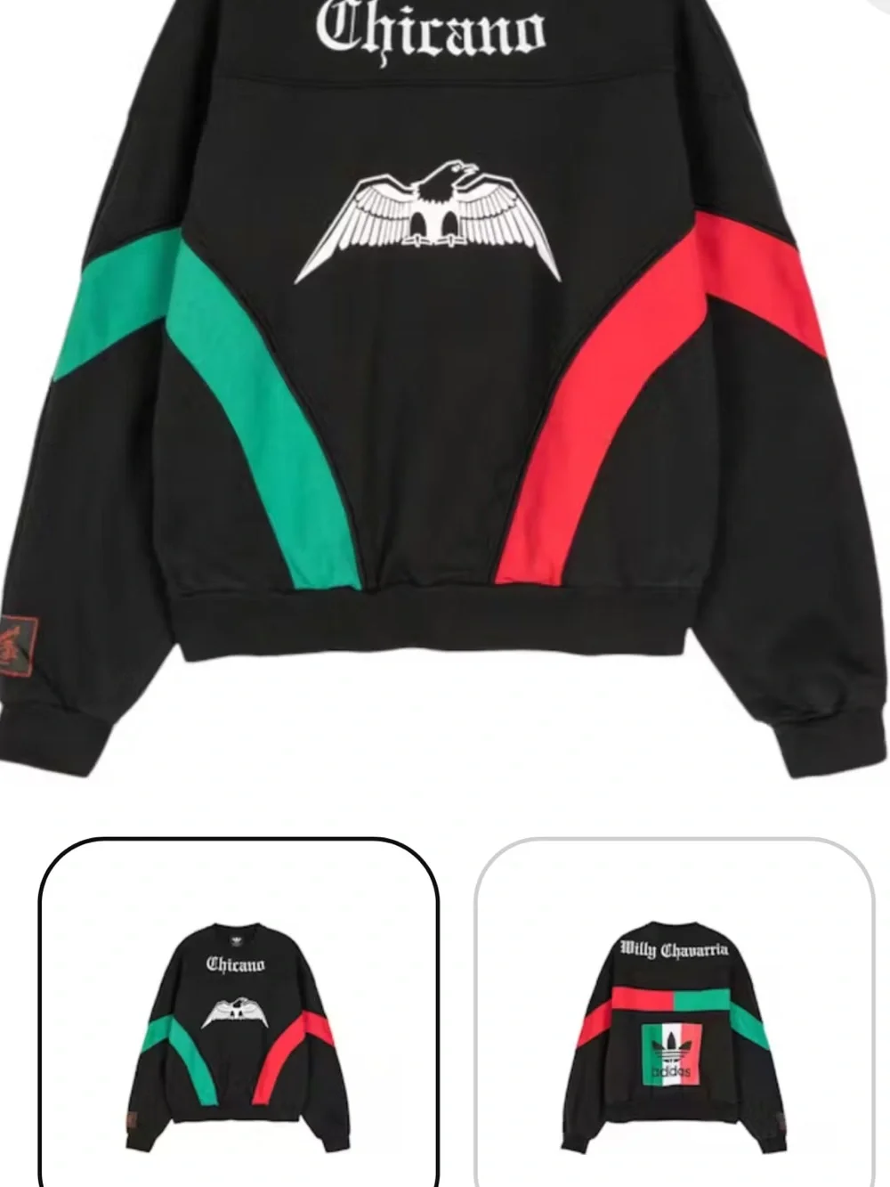 WILLY CHAVARRIA/ ADIDAS unisex Black Crewneck Sweater with Green & Red Panels